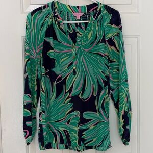 Lilly Pulitzer Green and Pink Leaf Print Silk Top